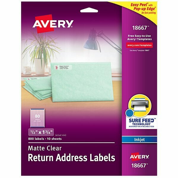 Avery 18667 Easy Peel 1/2'' x 1 3/4'' Matte Clear Inkjet Printer Return Address Labels, 800PK 15418667